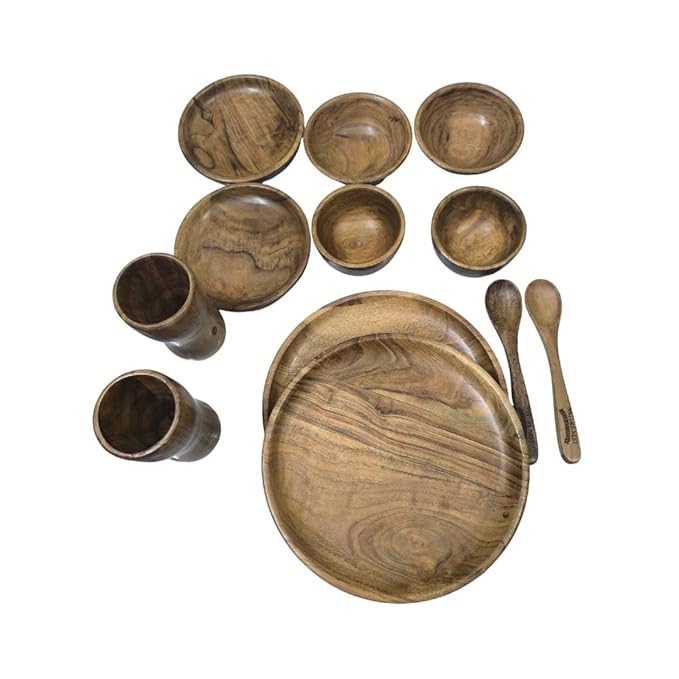 Dinner Set for Couples | Sustainable Eco-Friendly with Matte Finish | Food-Safe Wooden Tableware Combo (2 Plates, 2 Bowls, 2 Glasses, 2 Spoons)