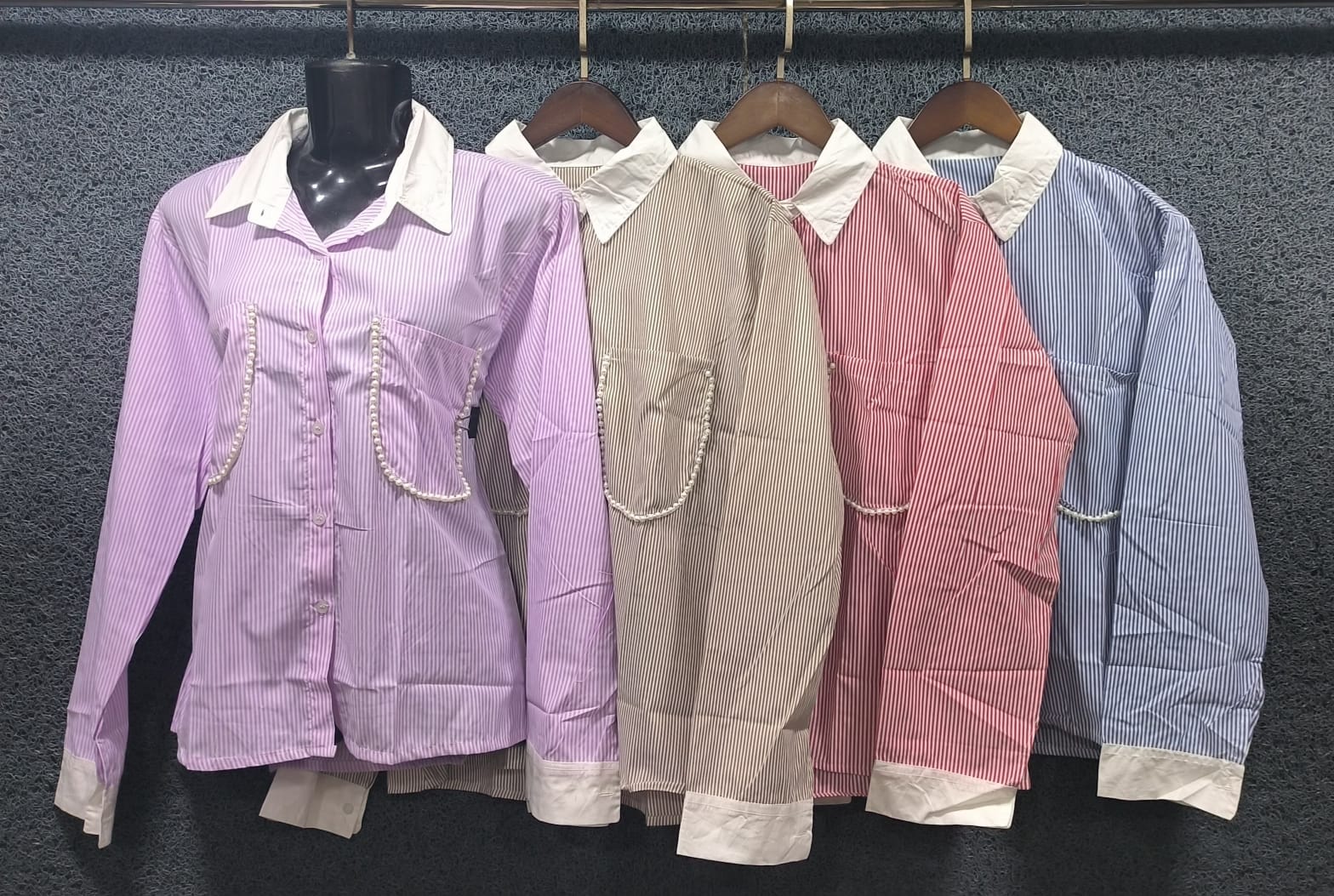 Elegant Striped Button-Down Shirts with Faux Pearl Detail