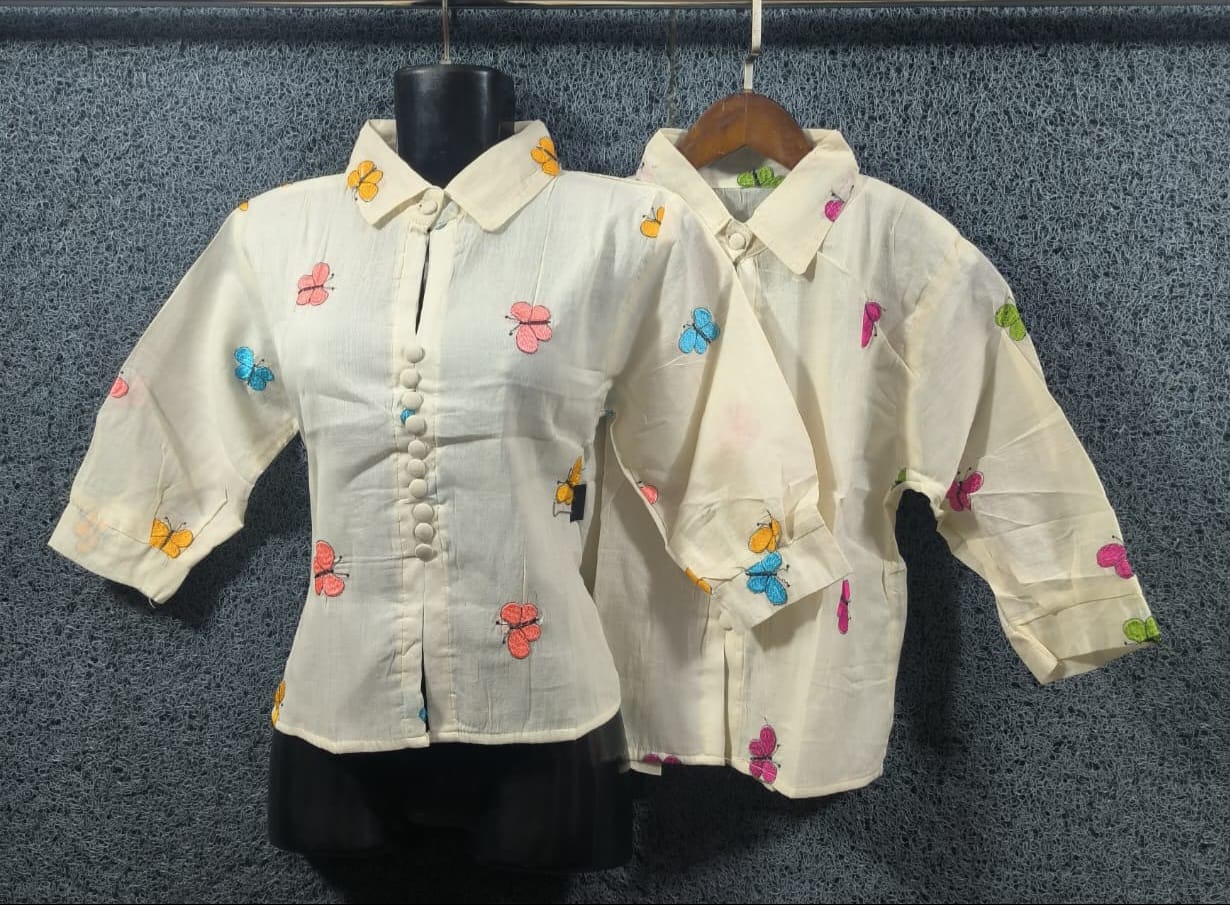 Charming Cream Butterfly-Print Button-Down Shirts