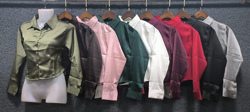 High-Shine Cropped Satin Button-Down Shirts