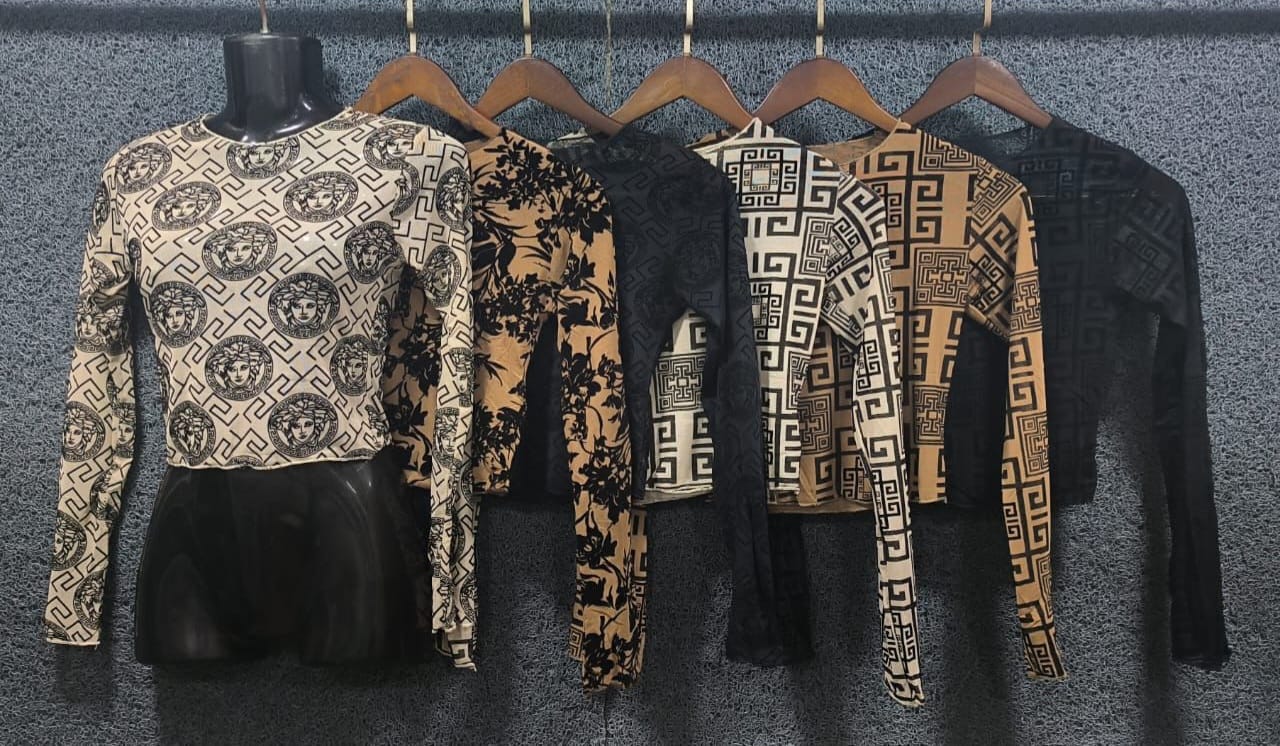 Designer-Inspired Long-Sleeve Mesh Print Crop Tops