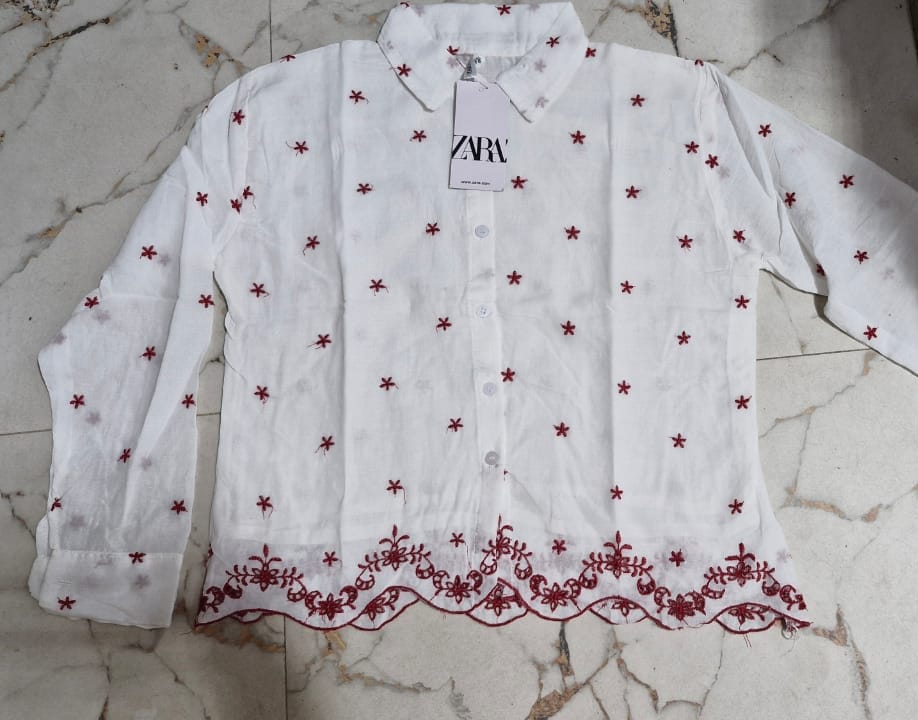 Crisp White Embroidered Floral Button-Down Shirt