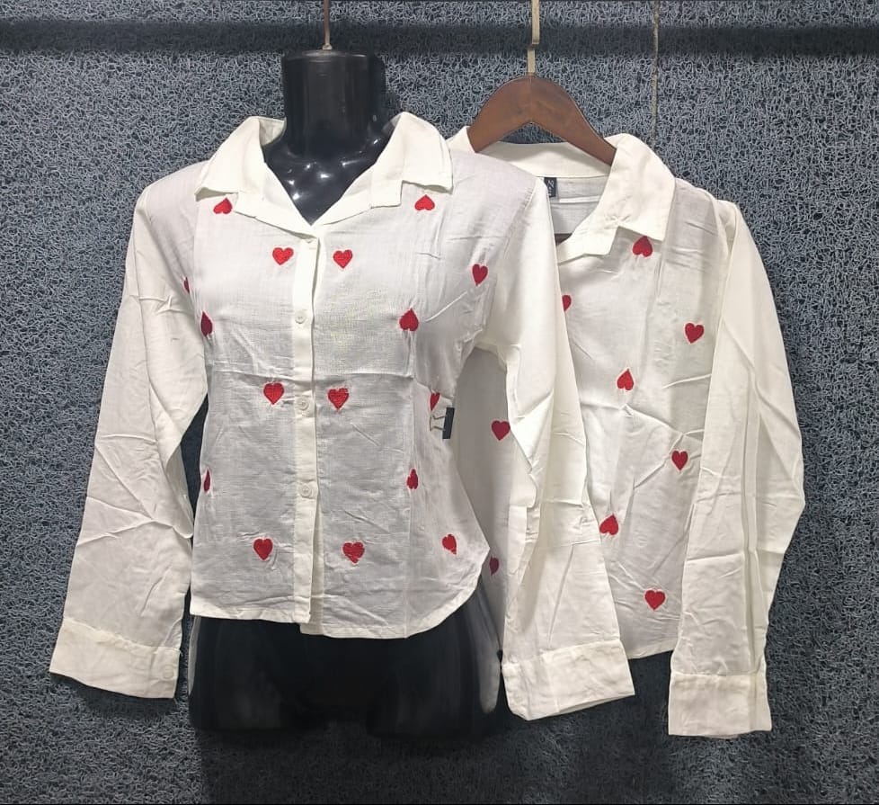 Charming White Heart-Print Full-Sleeve Shirts