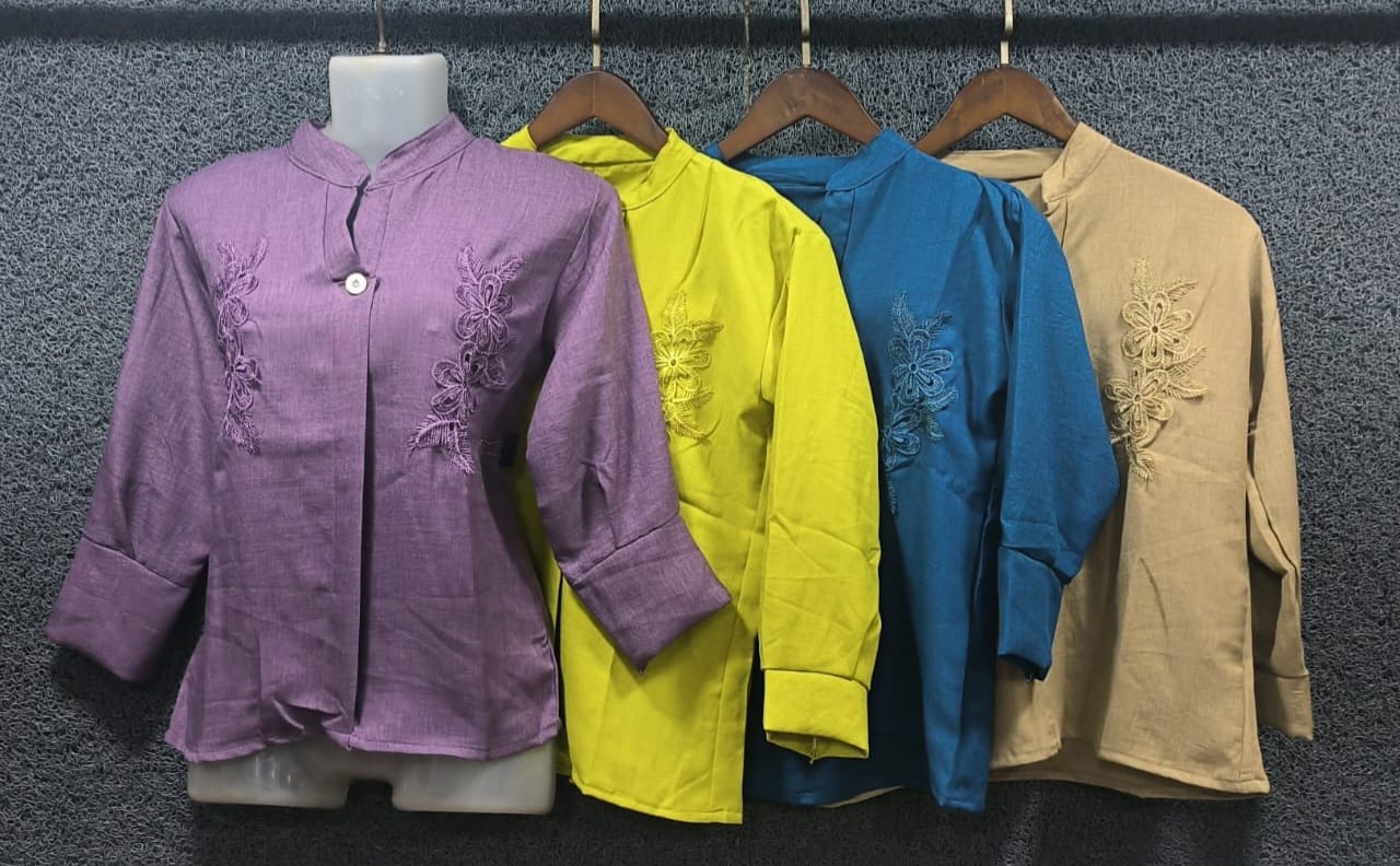 Embroidered Stand-Collar Button-Front Tops
